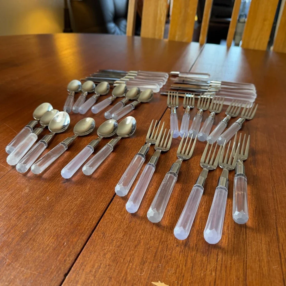 Vintage 18/10 Stainless Flatware Set 37pc Frosted Acrylic Faceted Handle MCM